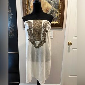 Elegant White and Brown Embroidered Swim Coverup